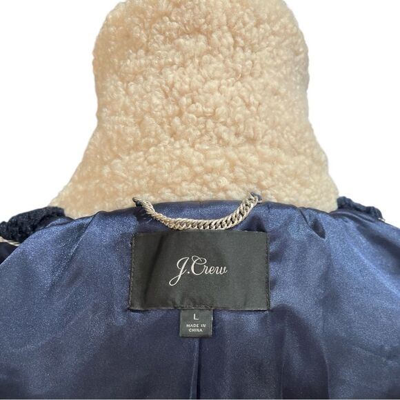 J.Crew Color block Sherpa Faux Shearling TopCoat Navy/Ivory/Olive Sz L - Picture 7 of 11
